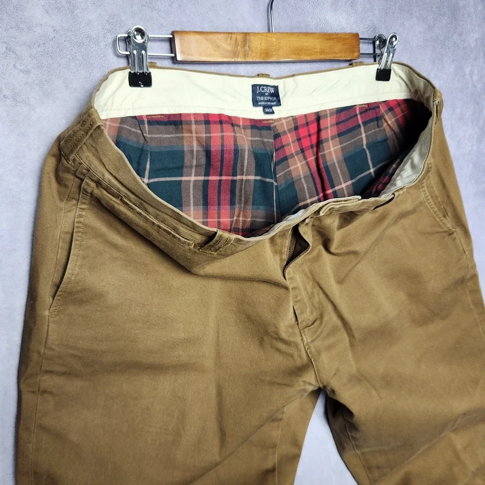 J Crew The Sutton Flannel Lined Khaki Chino Pants Mens 38x32 Brown Plaid Lining